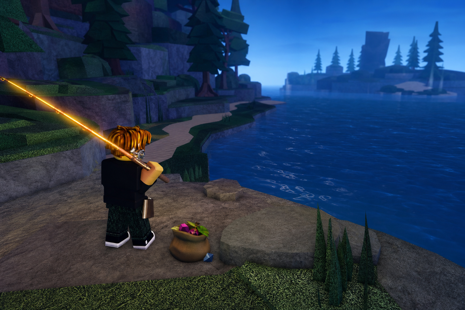 Nhân vật Roblox cầm cần câu phát sáng bên bờ biển, giữa vách đá, cây thông và mặt nước xanh.