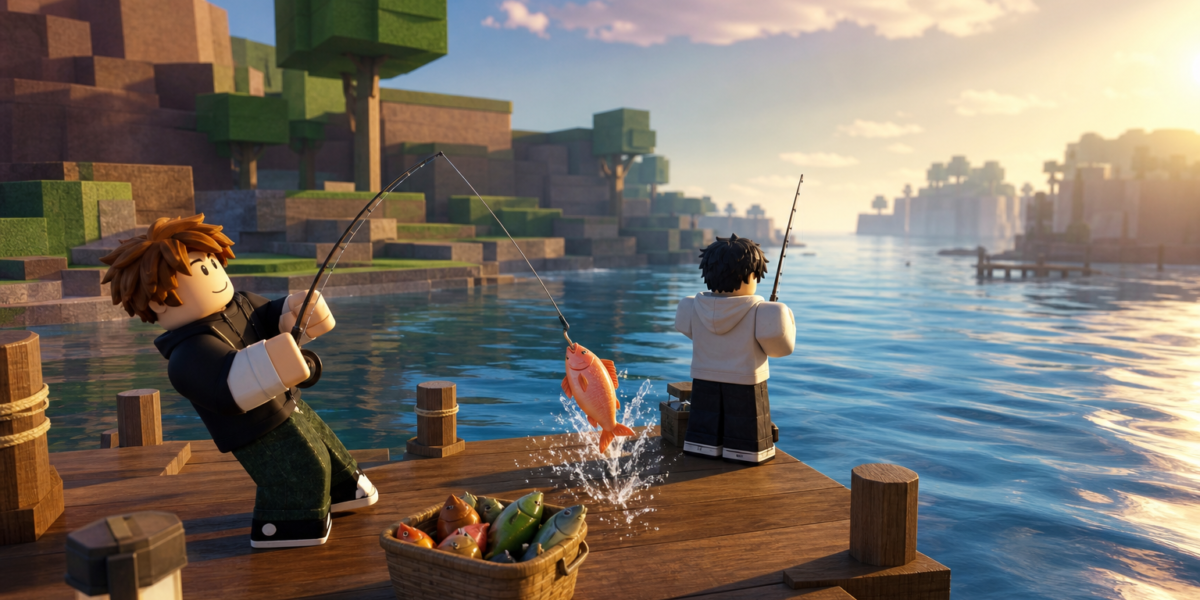 Hai nhân vật dạng khối trong game câu cá Roblox câu cá trên cầu gỗ, một người vừa kéo cá lên khỏi mặt nước