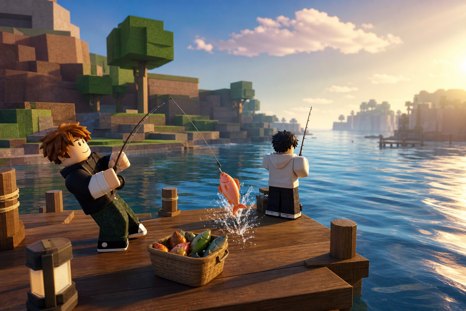 Hai nhân vật dạng khối trong game câu cá Roblox câu cá trên cầu gỗ, một người vừa kéo cá lên khỏi mặt nước
