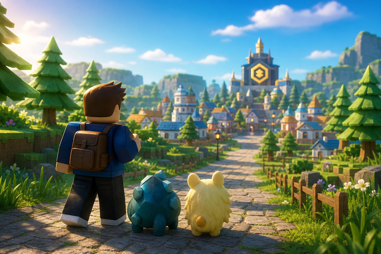 Nhân vật phong cách Roblox đeo ba lô đứng cùng hai sinh vật nhỏ trên đường đá, nhìn về ngôi làng và lâu đài phía trước.