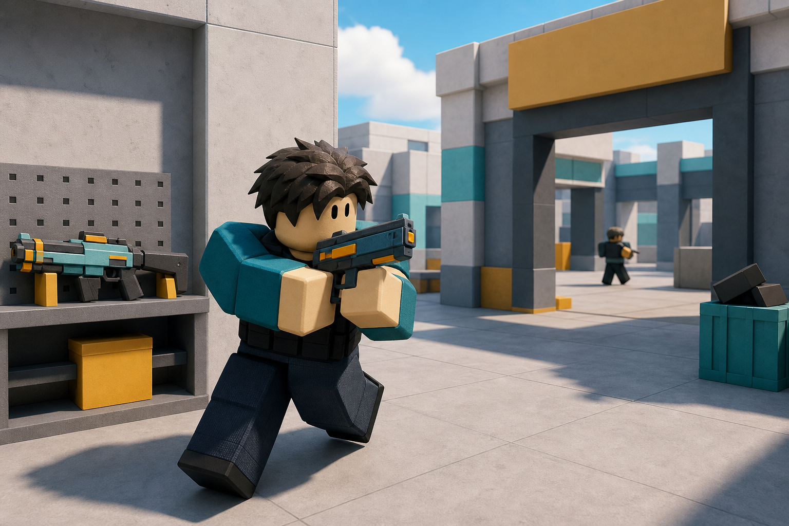 Nhân vật Roblox cầm súng xanh đen chạy trong khu kiến trúc hiện đại, cạnh giá đặt một khẩu súng khác.