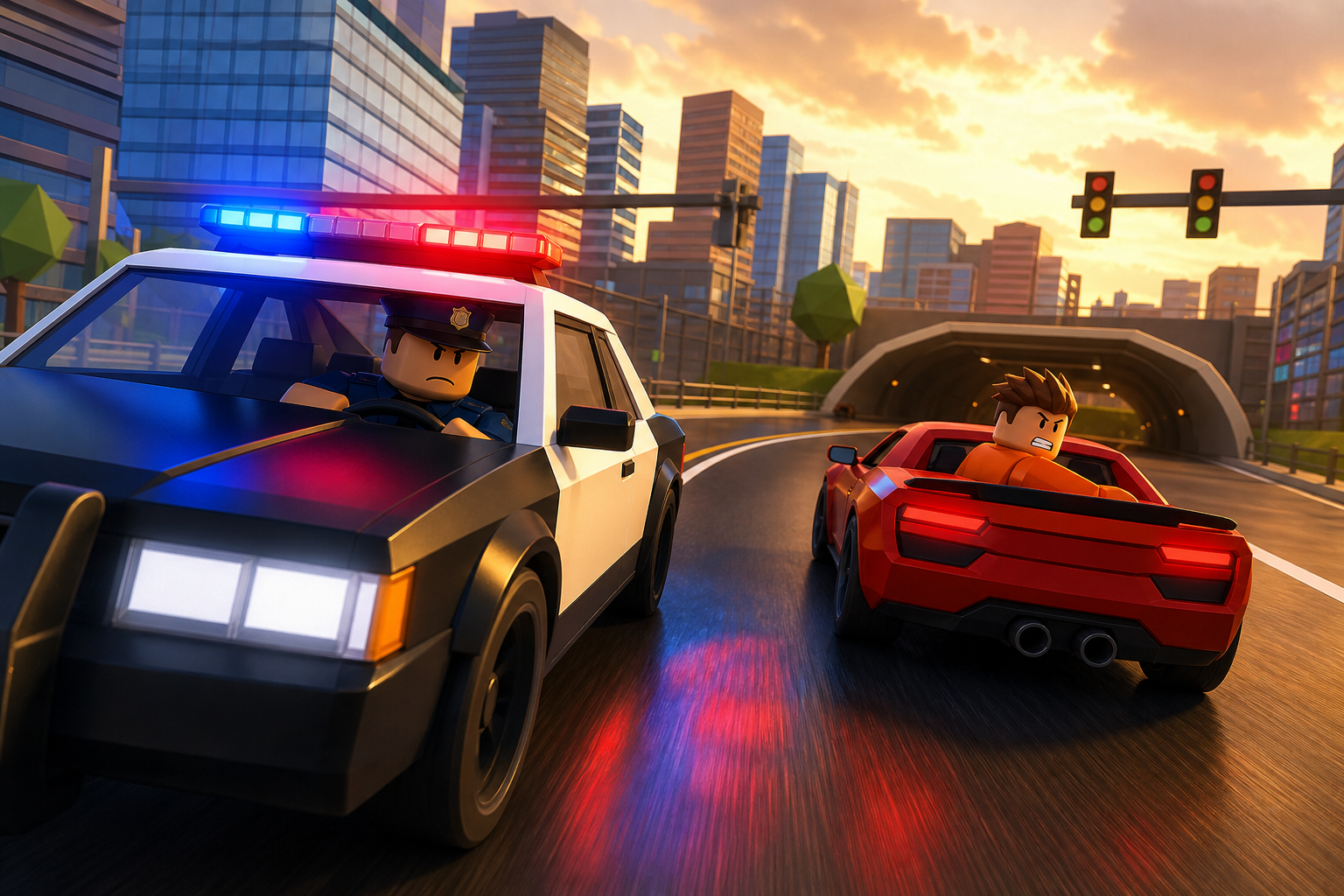 Cảnh xe cảnh sát truy đuổi xe tội phạm trong Jailbreak trên Roblox