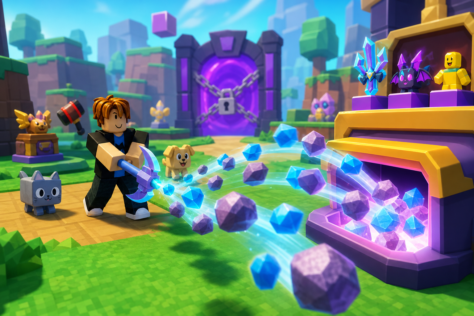Nhân vật khối trong game Roblox dùng cuốc phát sáng, đưa các khối đá và tinh thể màu xanh tím vào rương lớn