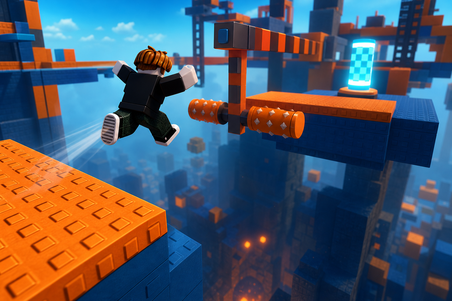 Nhân vật Roblox đang nhảy qua chướng ngại vật hình trụ có gai giữa các nền tảng nổi màu cam xanh