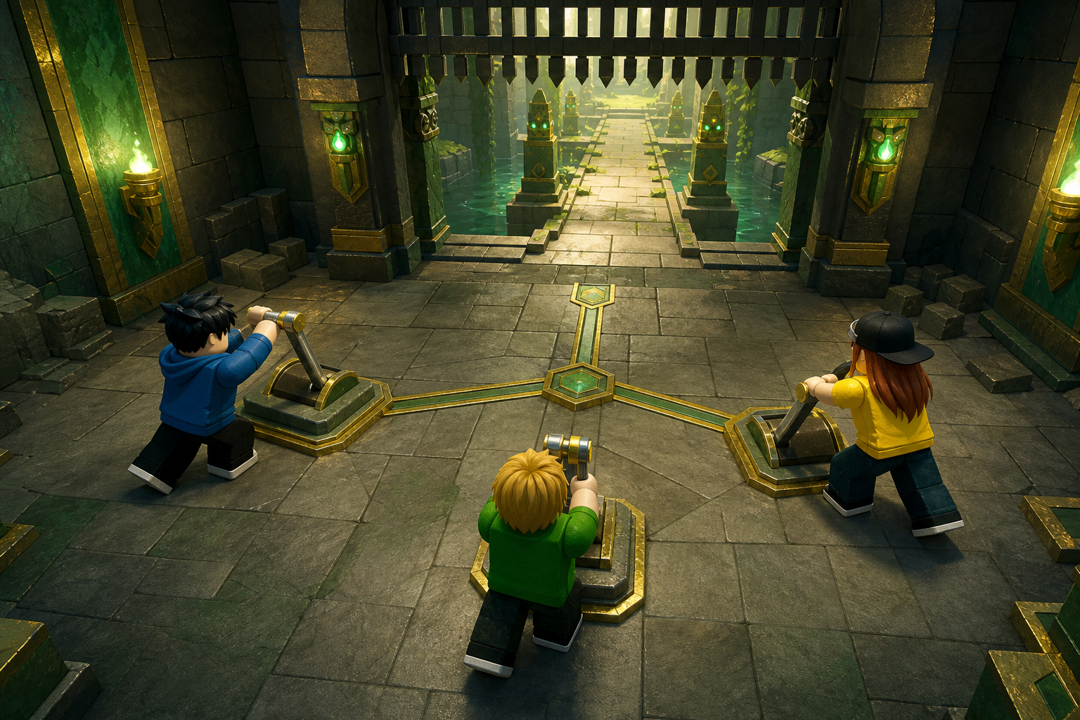 Ba nhân vật Roblox cùng kéo cần gạt trong ngôi đền đá để mở lối đi phía trước
