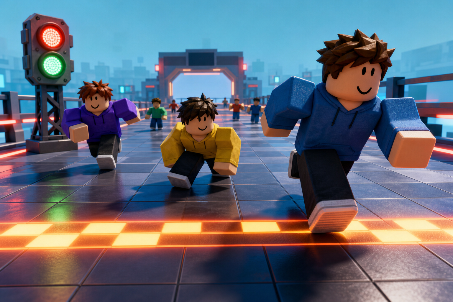 Các nhân vật kiểu Roblox chạy trên sân lát gạch có vạch sáng và đèn tín hiệu đỏ xanh.
