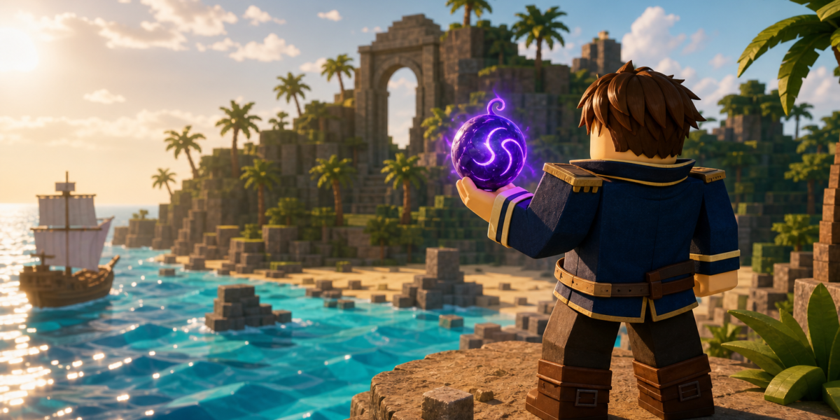 Avatar phong cách Roblox cầm quả cầu tím phát sáng, nhìn về đảo đá nhiệt đới và thuyền buồm trên biển.