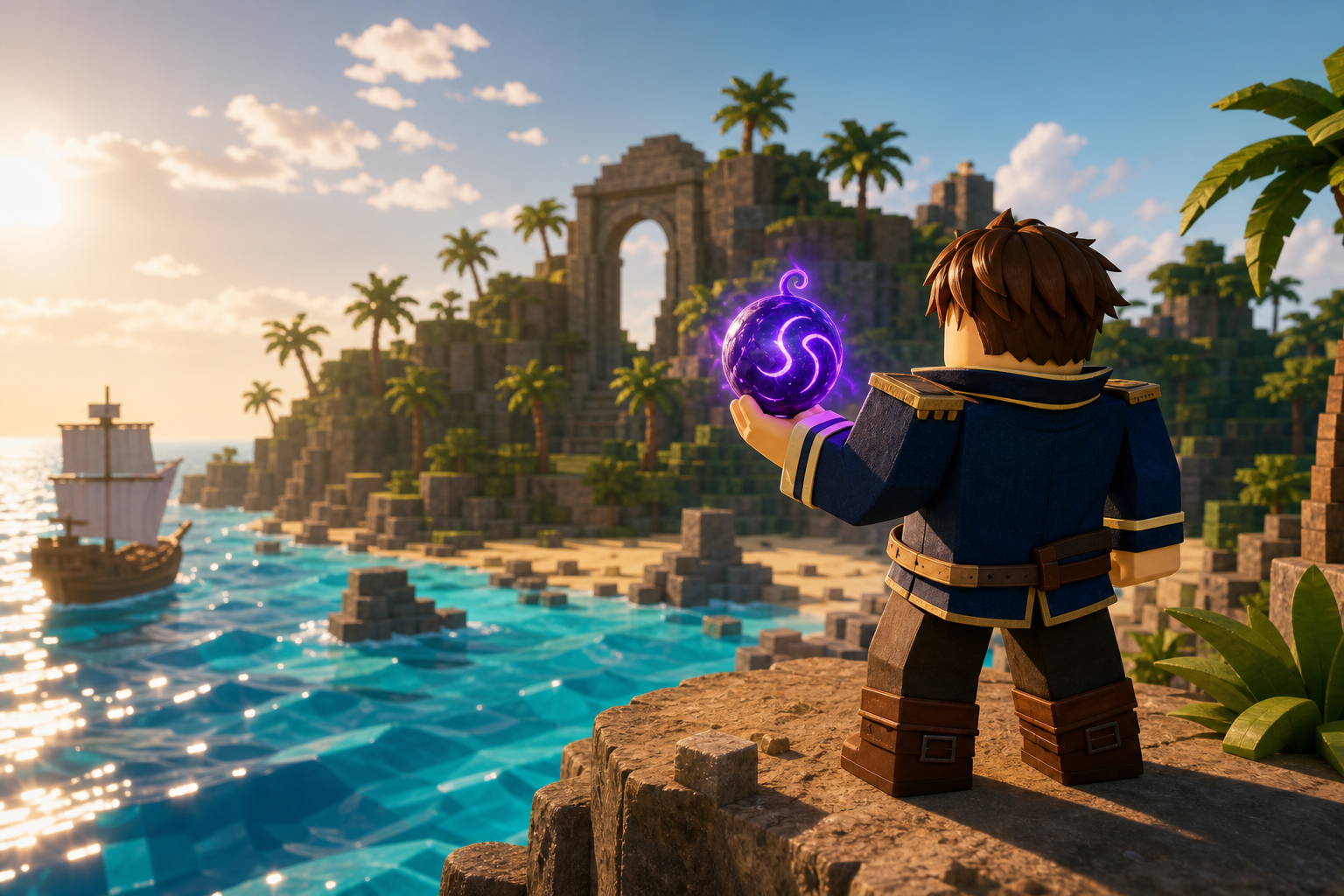 Avatar phong cách Roblox cầm quả cầu tím phát sáng, nhìn về đảo đá nhiệt đới và thuyền buồm trên biển.