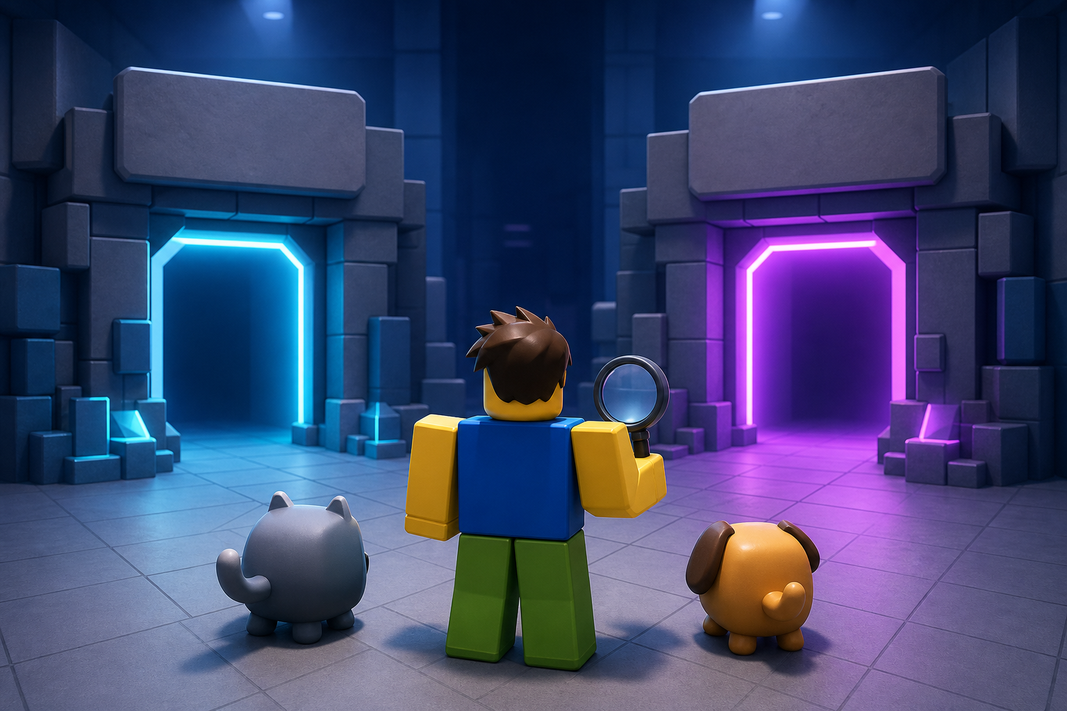 Nhân vật phong cách Roblox cầm kính lúp đứng giữa hai cổng phát sáng xanh và tím, cạnh mèo và chó nhỏ.