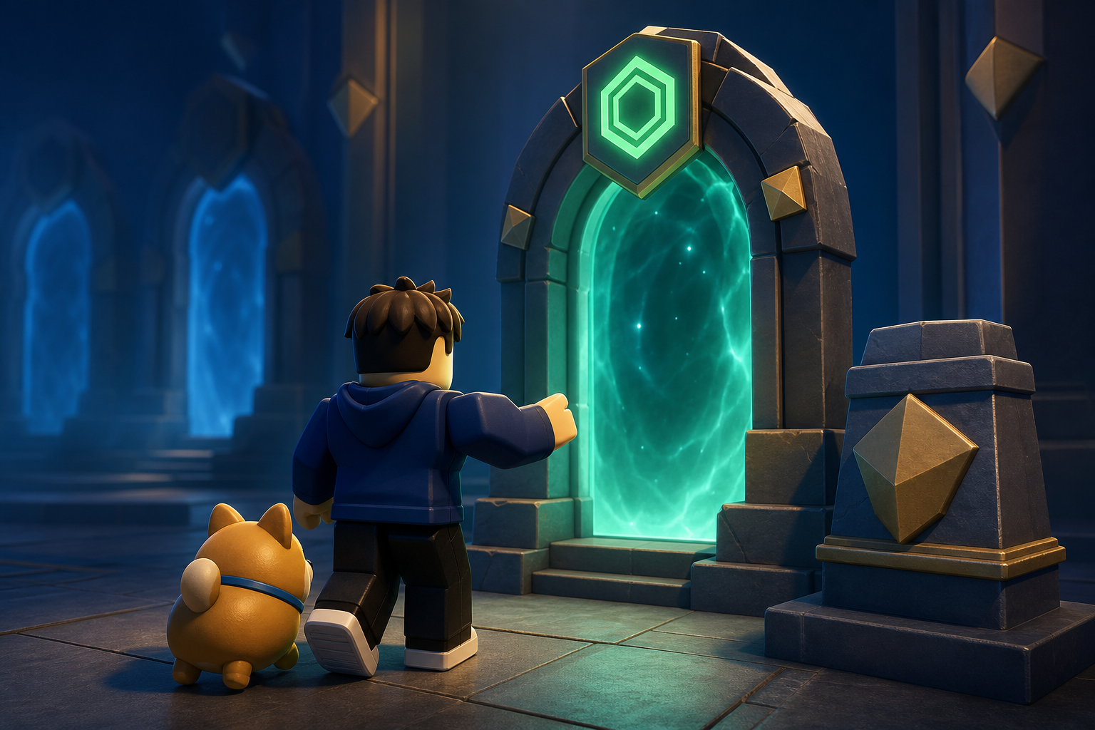 Nhân vật phong cách Roblox chỉ tay về cổng đá phát sáng xanh, bên cạnh là thú cưng nhỏ trong đại sảnh.