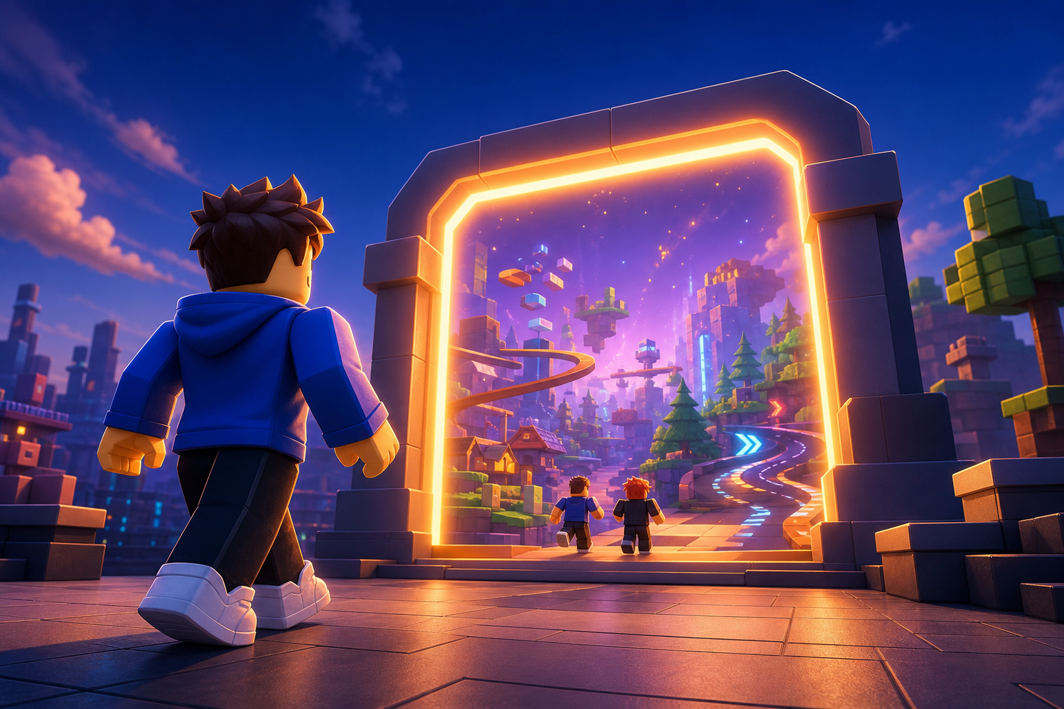 Avatar Roblox đứng trước cổng vào khu khám phá trải nghiệm trong thế giới Roblox hư cấu.