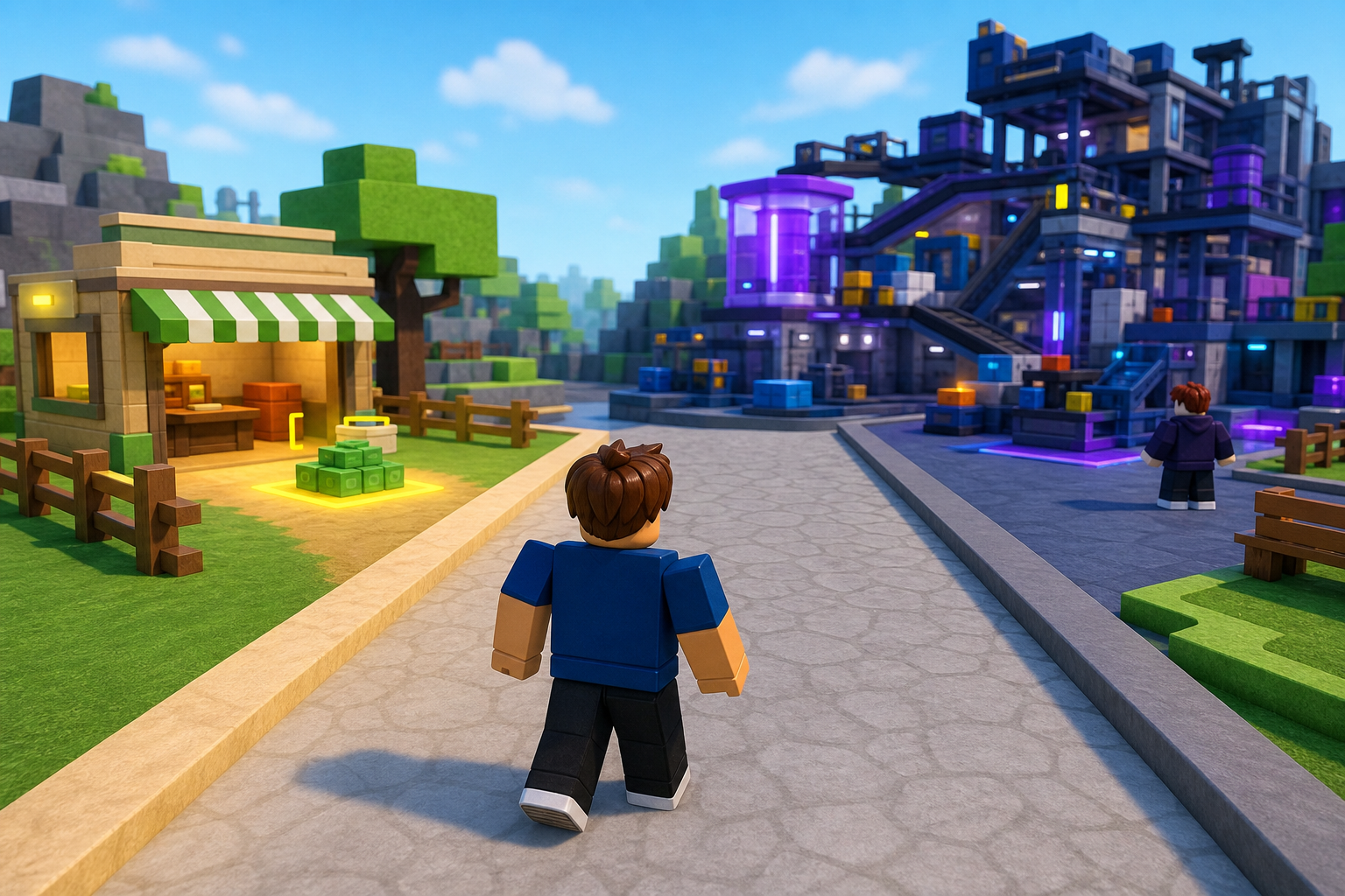 Nhân vật Roblox đi trên đường giữa quầy hàng nhỏ và khu công nghiệp phát sáng trong game tycoon Roblox