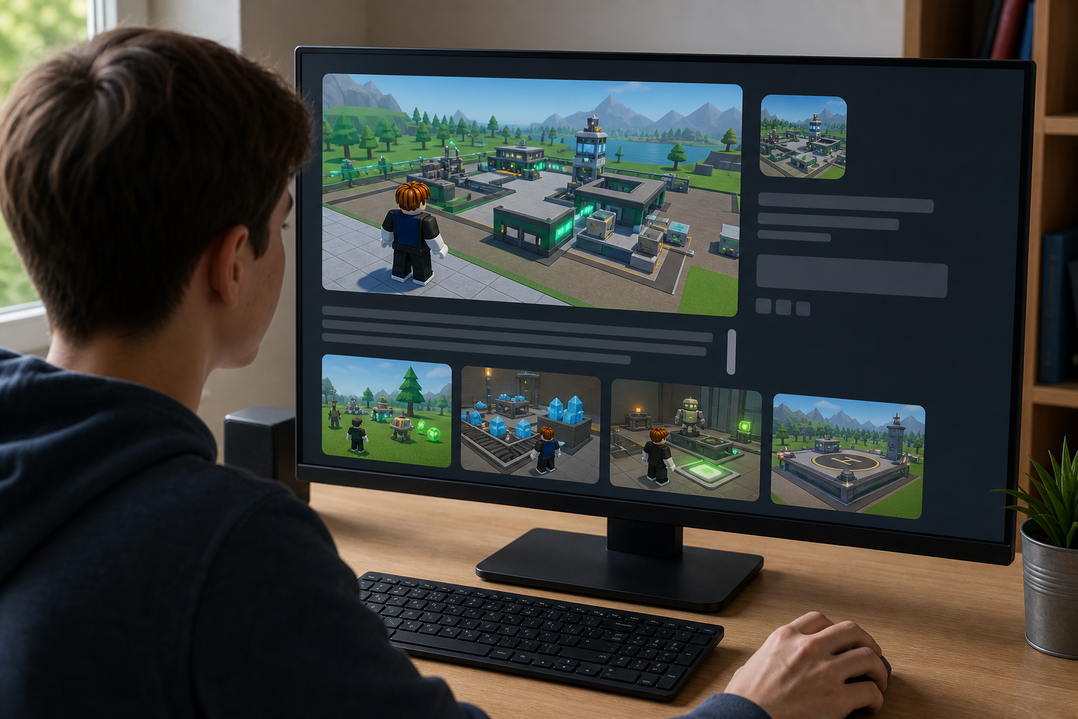 Người chơi xem trang game tycoon Roblox trên màn hình, hiển thị khu công trình, nhân vật và nhiều ảnh chụp trải nghiệm.