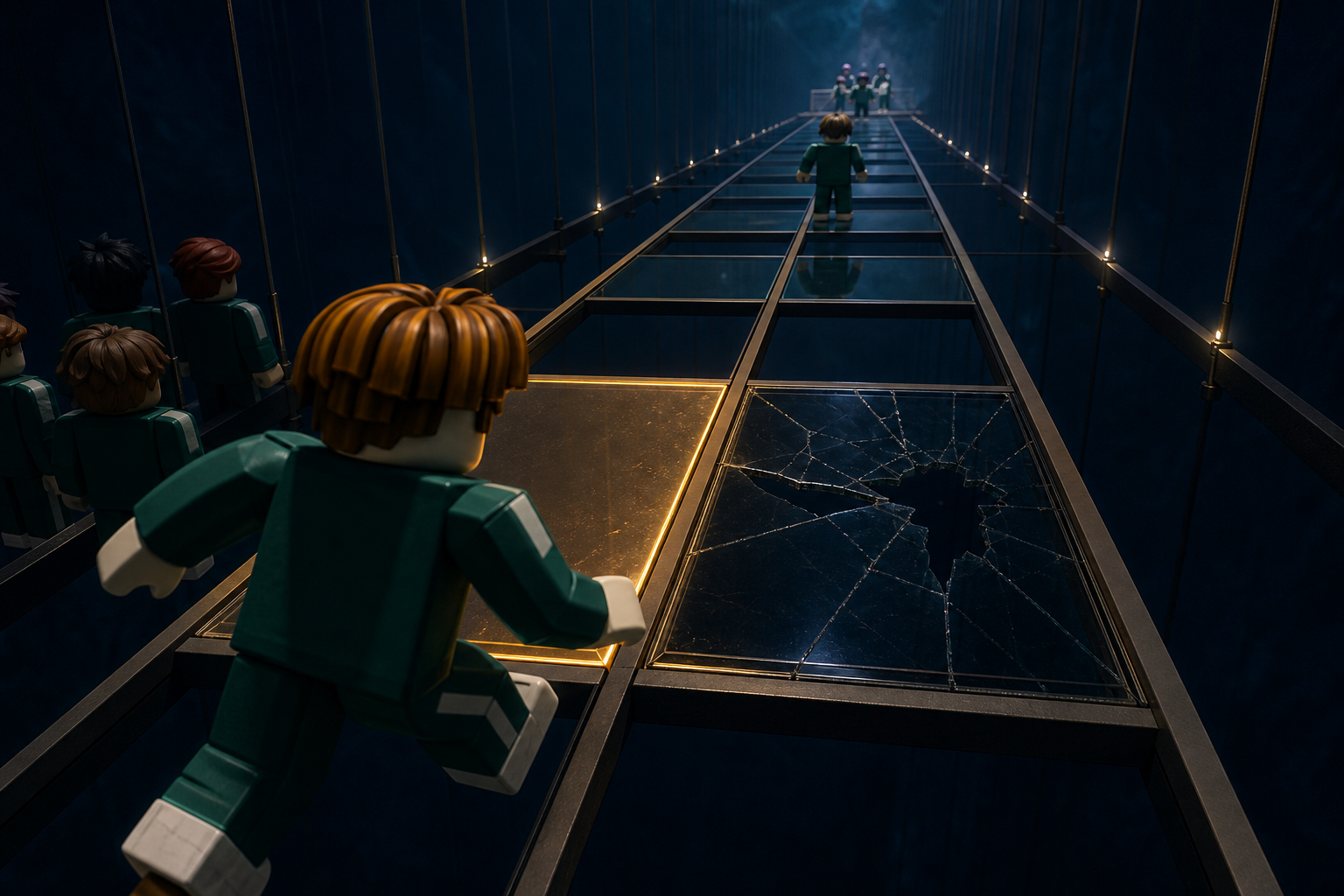Game Squid Game Roblox với các nhân vật dạng khối vượt cầu kính treo, trong đó một ô kính phía trước đã nứt vỡ.