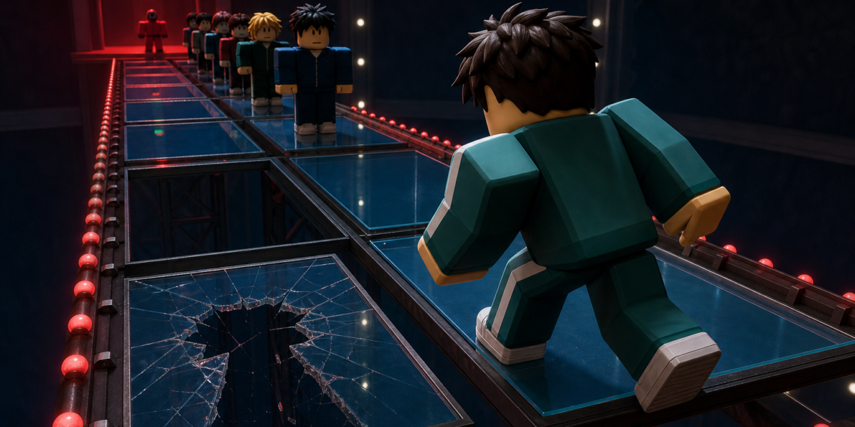 Nhân vật Roblox bước trên cầu kính nứt vỡ, phía trước là những người chơi khác trong game Squid Game Roblox.