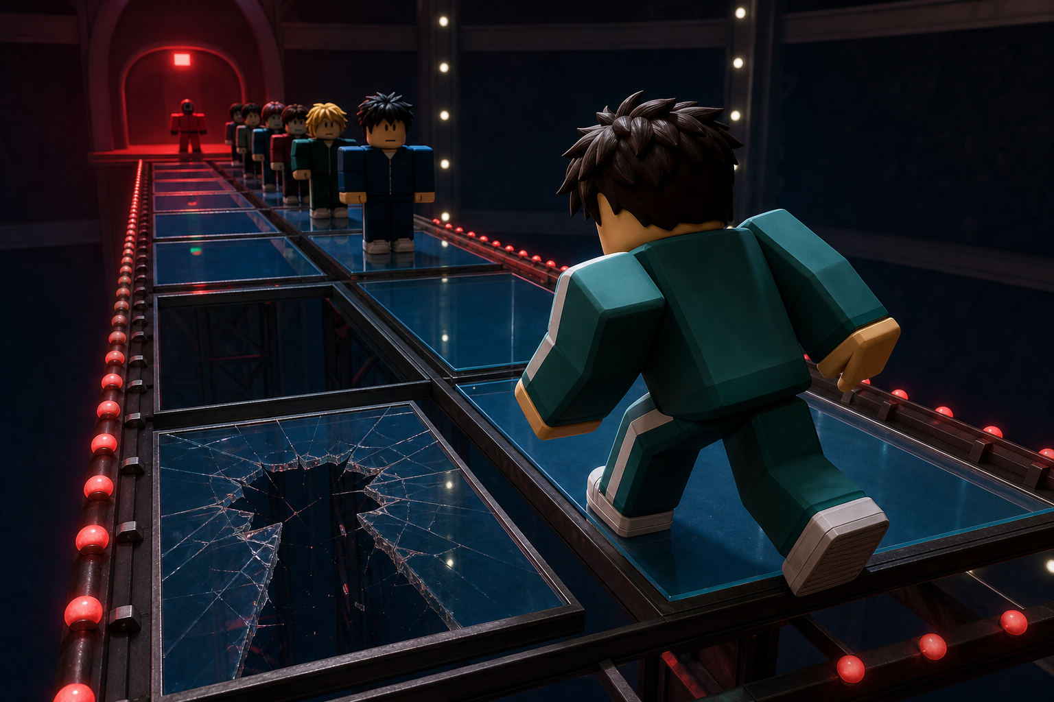 Nhân vật Roblox bước trên cầu kính nứt vỡ, phía trước là những người chơi khác trong game Squid Game Roblox.