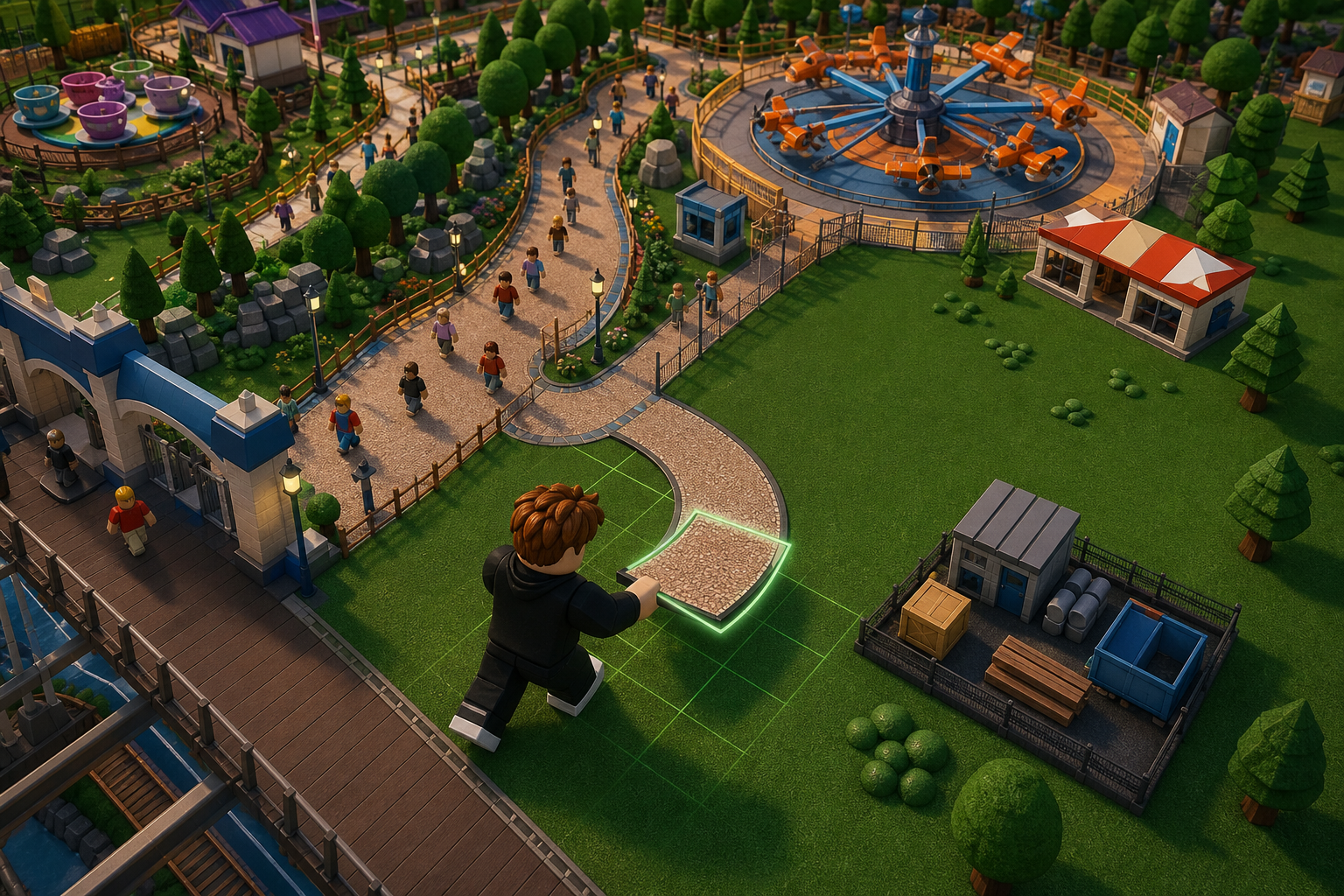 Nhân vật trong game tycoon Roblox đặt một đoạn lối đi trong công viên giải trí có nhiều trò chơi và khách tham quan.