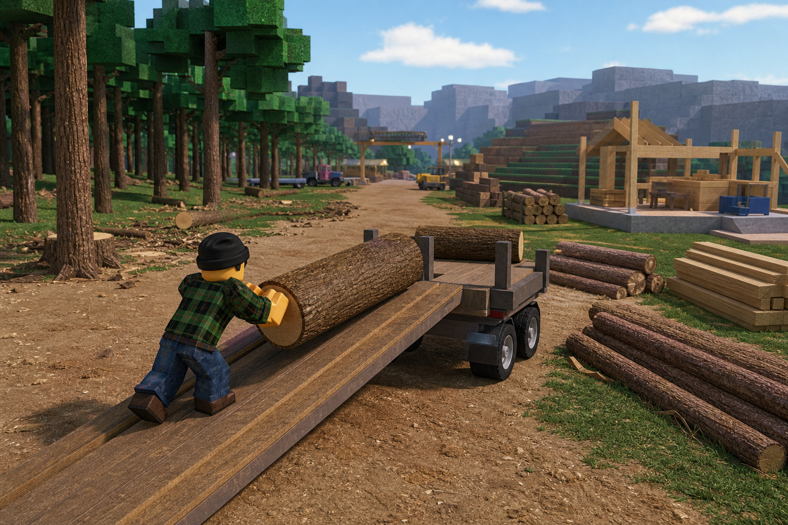 Nhân vật Roblox đẩy một khúc gỗ lên xe kéo giữa xưởng gỗ, với rừng cây, các đống gỗ và công trình đang xây dựng.