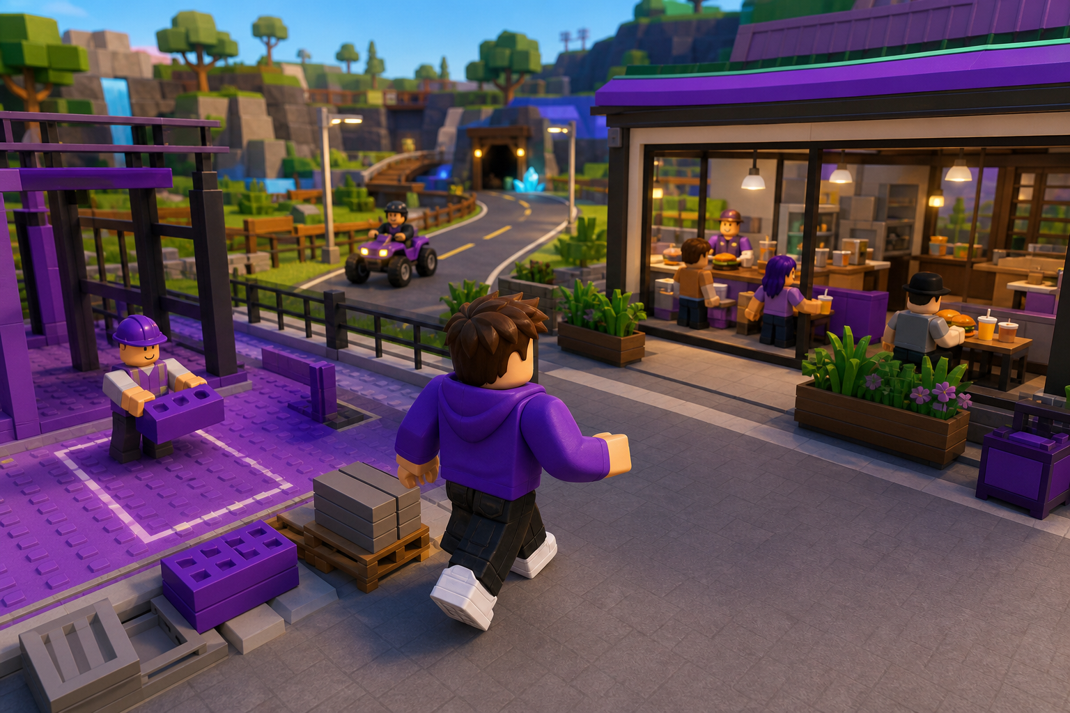 Nhân vật Roblox mặc áo tím bước qua khu phố có công trường, xe địa hình và quán ăn trong bối cảnh game tycoon Roblox
