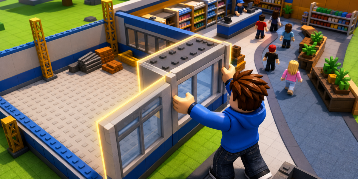 Cảnh game tycoon Roblox với nhân vật áo xanh đang lắp một phần cửa hàng phát sáng, cạnh kệ hàng, quầy thu ngân và khách.