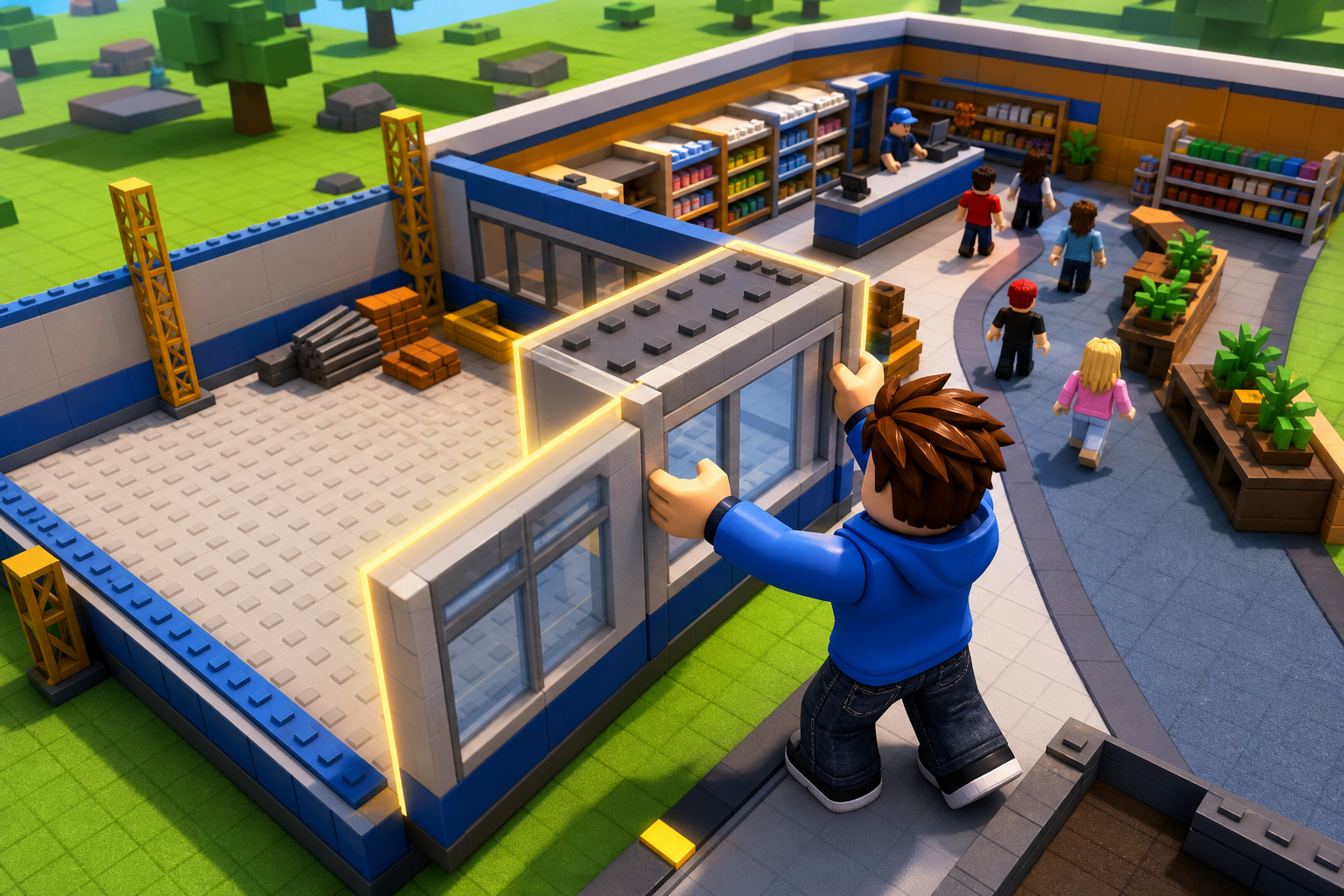 Cảnh game tycoon Roblox với nhân vật áo xanh đang lắp một phần cửa hàng phát sáng, cạnh kệ hàng, quầy thu ngân và khách.