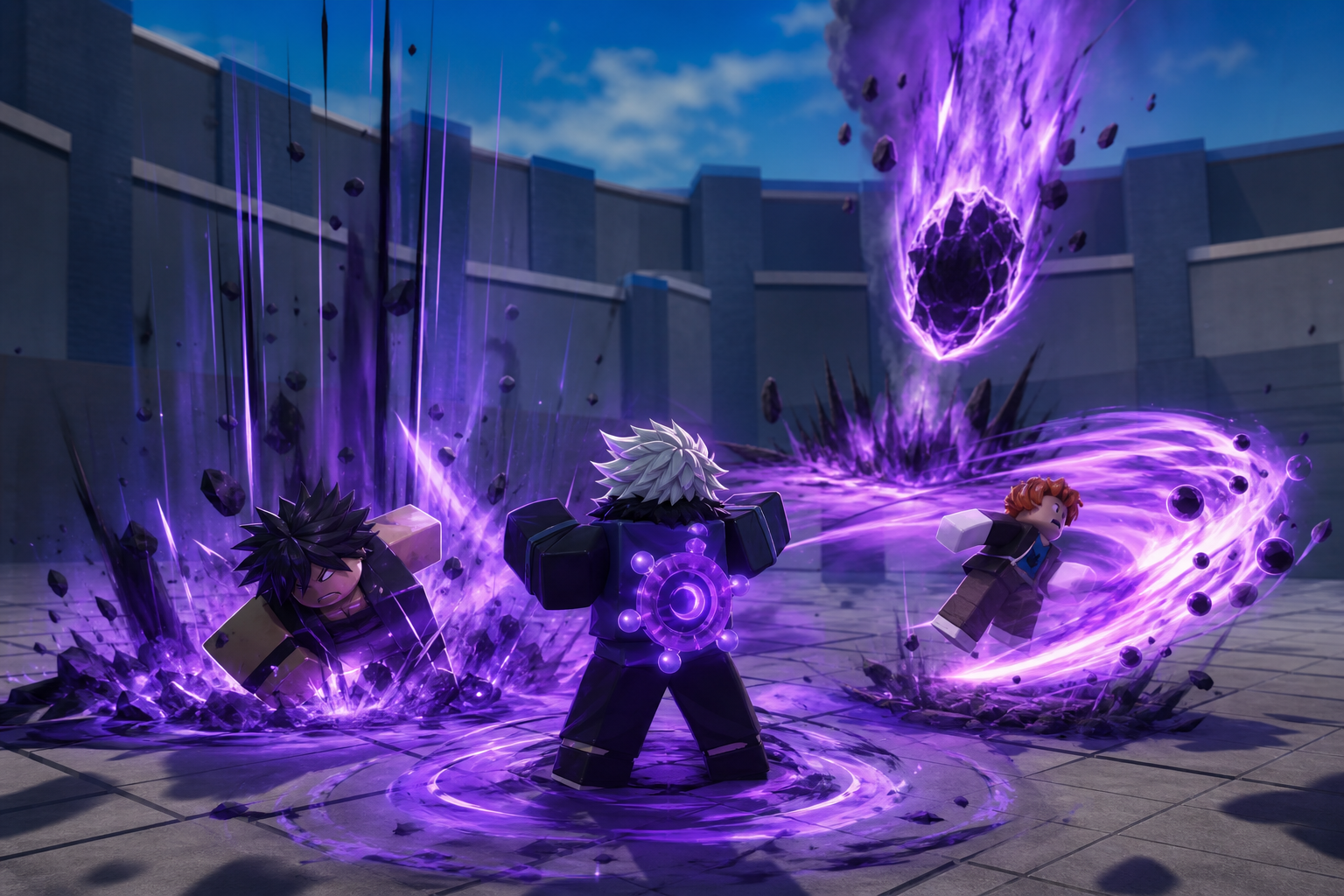 Ba nhân vật kiểu Roblox đứng giữa các luồng năng lượng tím và đá vụn bay trong một đấu trường trống.