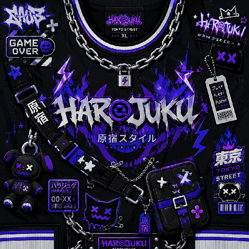 Harajuku Roblox shirt front with graffiti, chains and streetwear accessories.