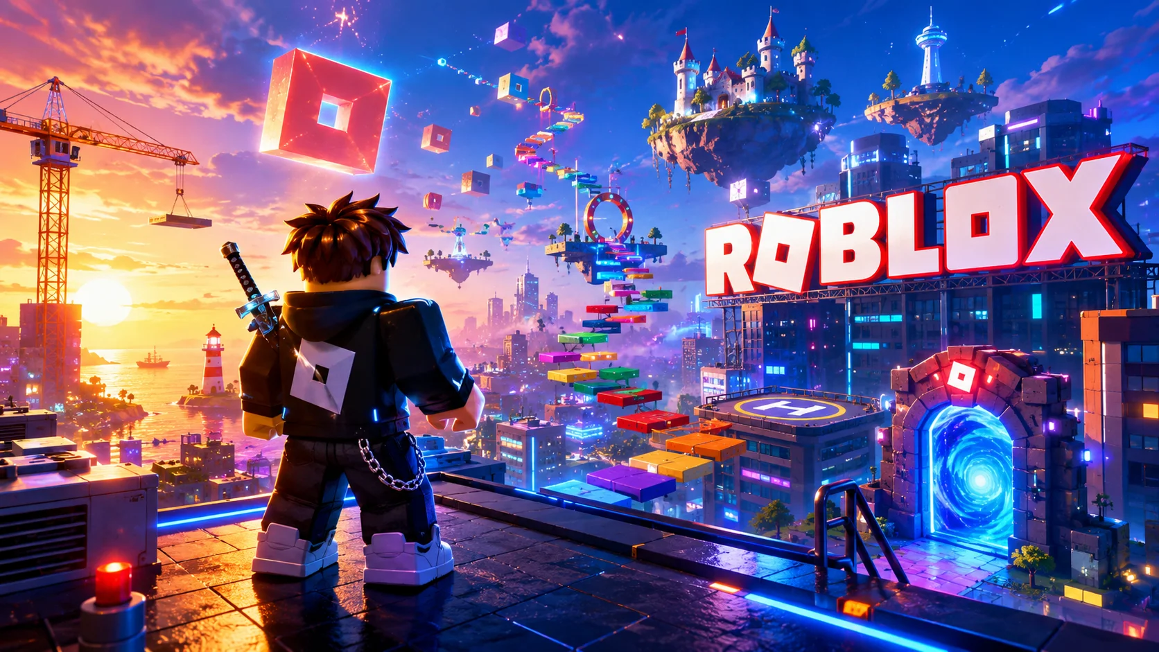 Avatar Roblox đeo kiếm sau lưng đứng quay lưng trên mái nhà, nhìn cầu thang nhiều màu dẫn tới thành phố và lâu đài trắng lơ lửng.