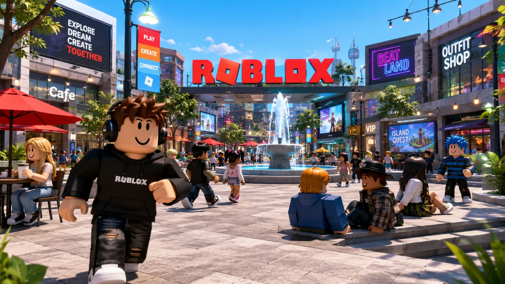 Hình nền Roblox phong cảnh quảng trường thành phố với avatar, đài phun nước và cửa hàng, tỷ lệ ngang cho PC