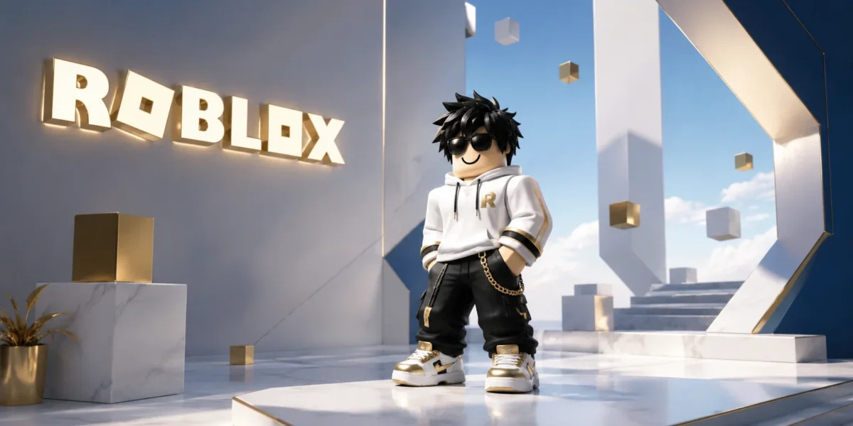 Nhân vật Roblox đứng trong sảnh trắng hiện đại với logo Roblox, hình nền ngang 1672x941 cho máy tính