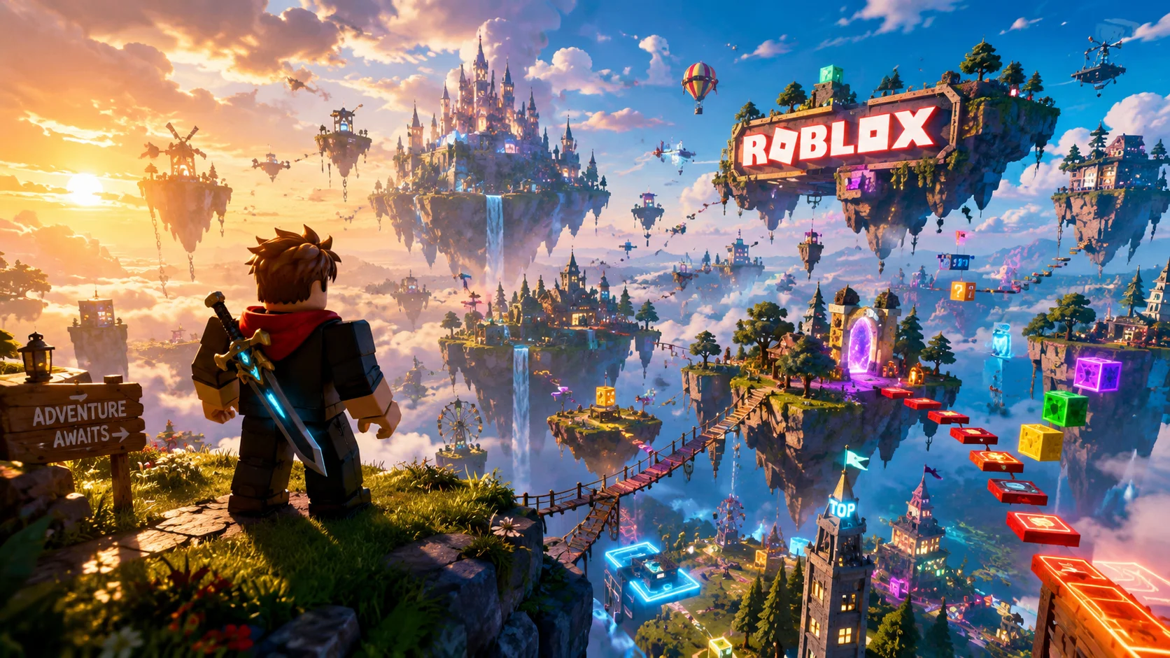 Nhân vật Roblox đứng trên vách đá nhìn thành phố đảo nổi và lâu đài trong khung cảnh phiêu lưu