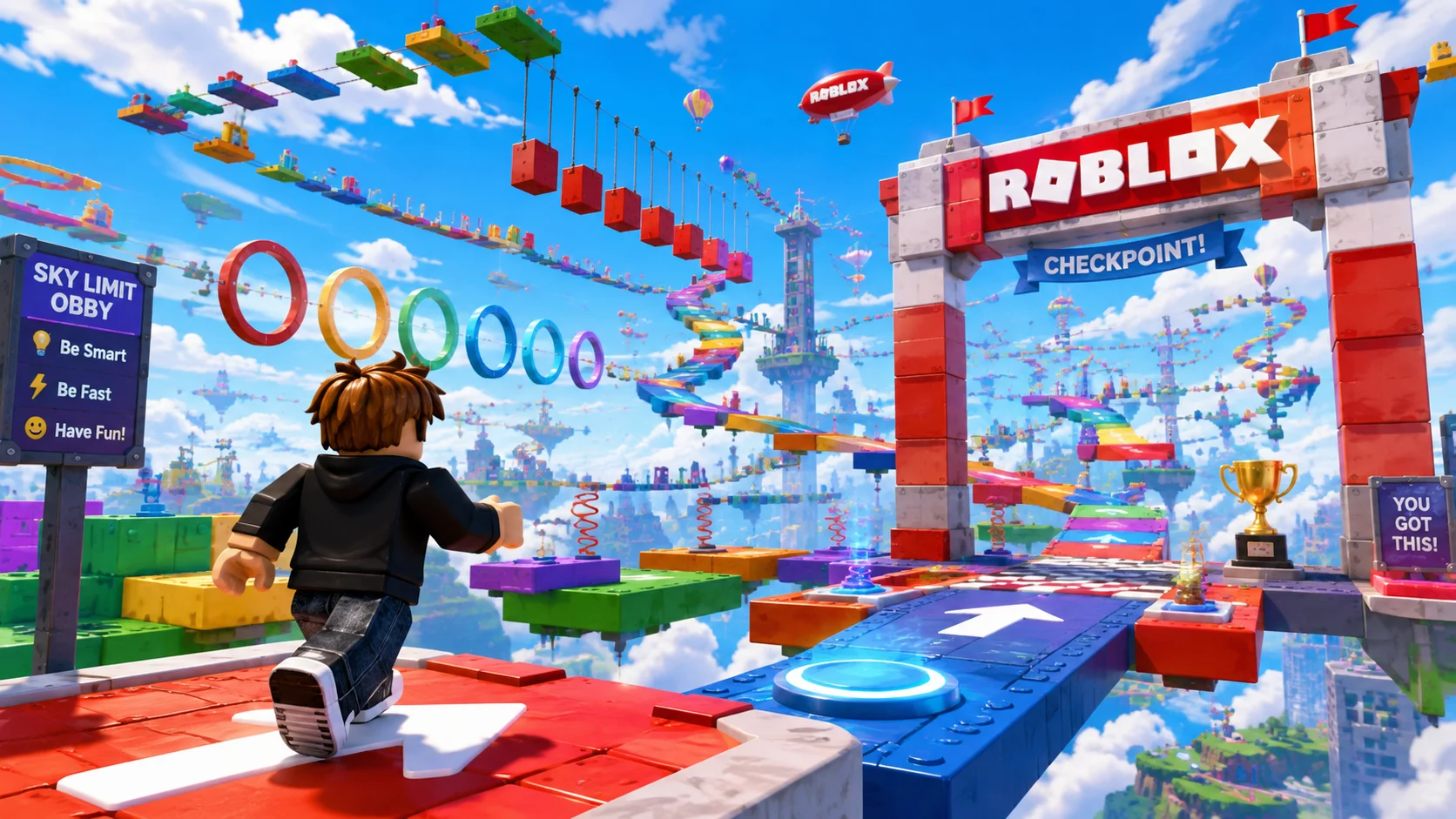 Nhân vật Roblox chạy qua chướng ngại vật nhiều màu trên đường đua lơ lửng giữa bầu trời, hình nền PC 1672x941