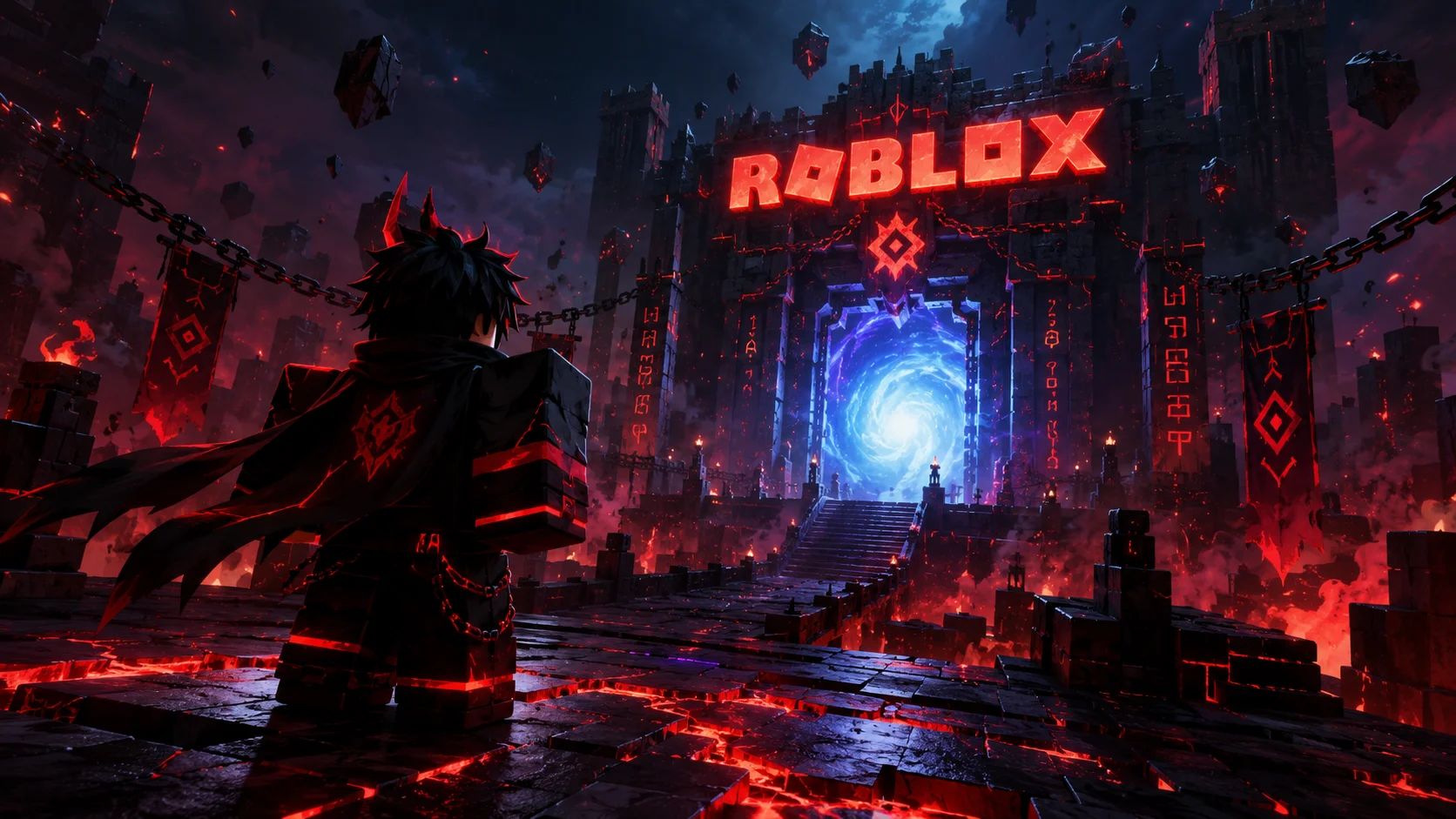 Nhân vật chiến binh bóng tối đứng trước cổng dịch chuyển phát sáng trong thành phố Roblox u ám, hình nền PC 1672x941