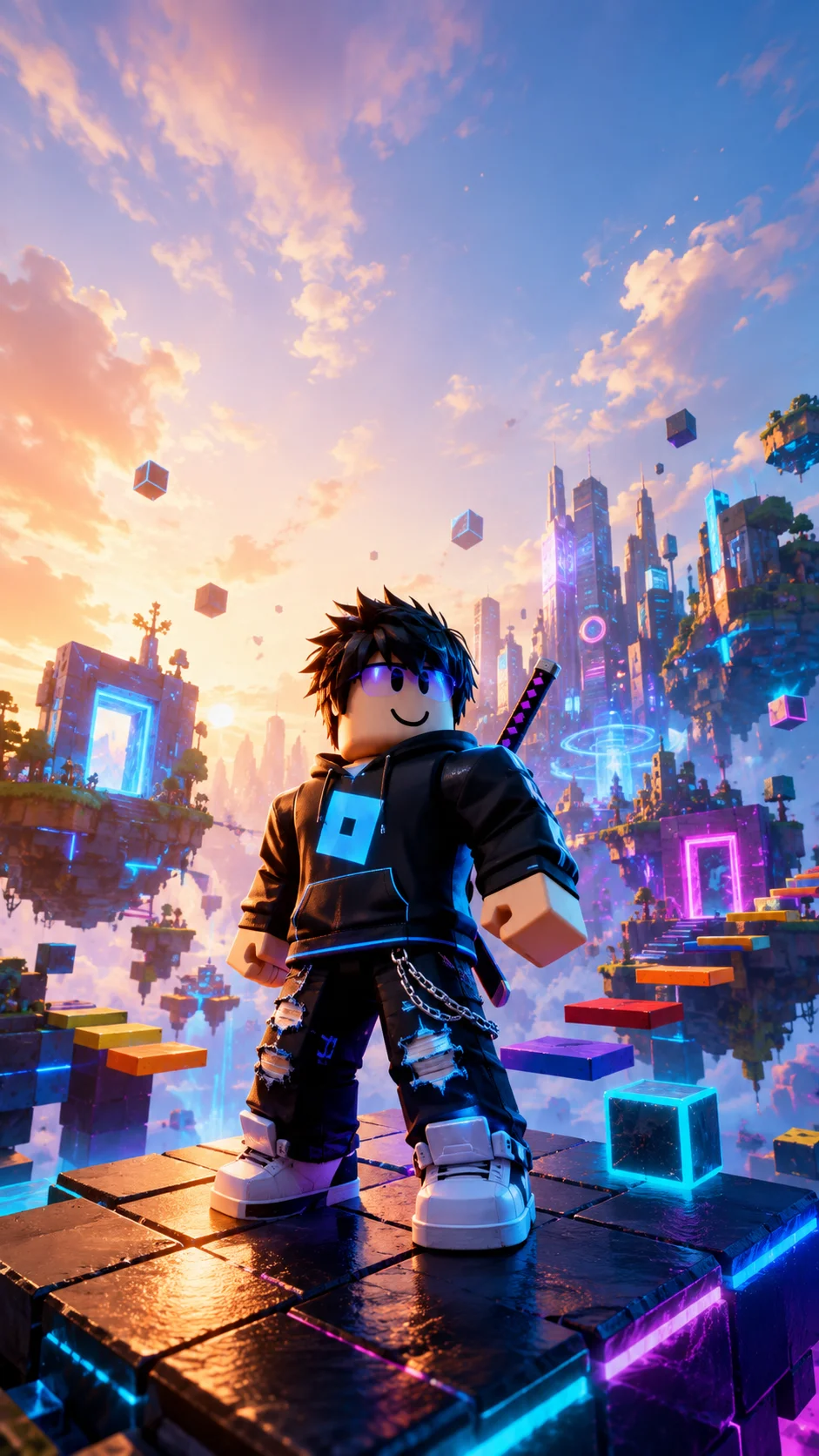 Avatar Roblox đứng trên nền tảng phát sáng giữa thành phố tương lai, hình nền dọc cho điện thoại 941x1672
