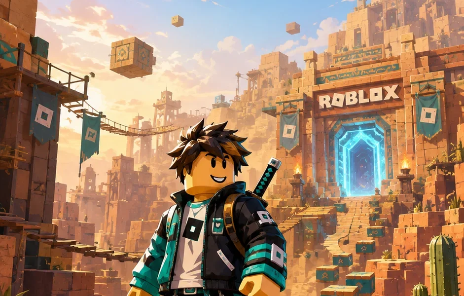 Nhân vật Roblox đứng trong thành phố sa mạc với cổng phát sáng, hình nền dọc cho điện thoại 941x1672
