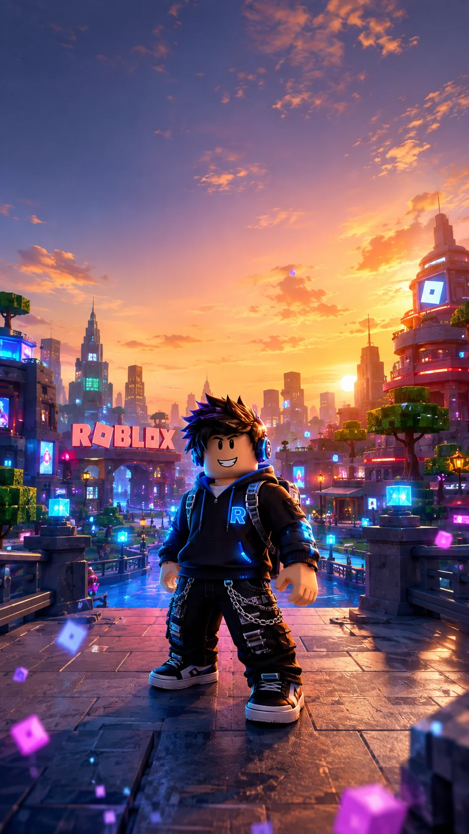 Nhân vật Roblox đứng trên phố ướt giữa thành phố neon lúc hoàng hôn, hình nền dọc cho điện thoại