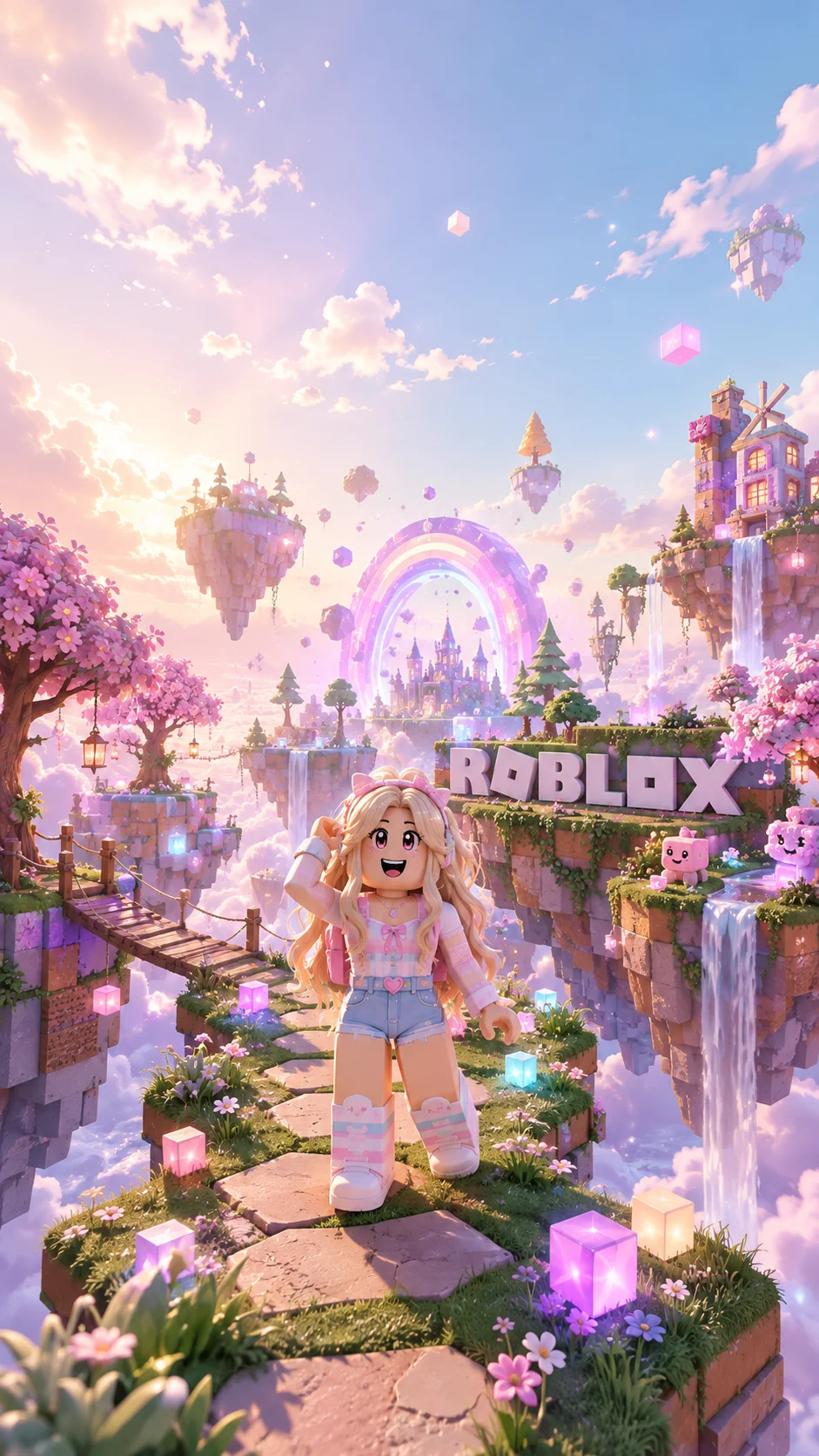 Hình nền Roblox dọc cho mobile với avatar nữ đứng trên đảo nổi giữa thành phố fantasy nhiều sắc hồng tím