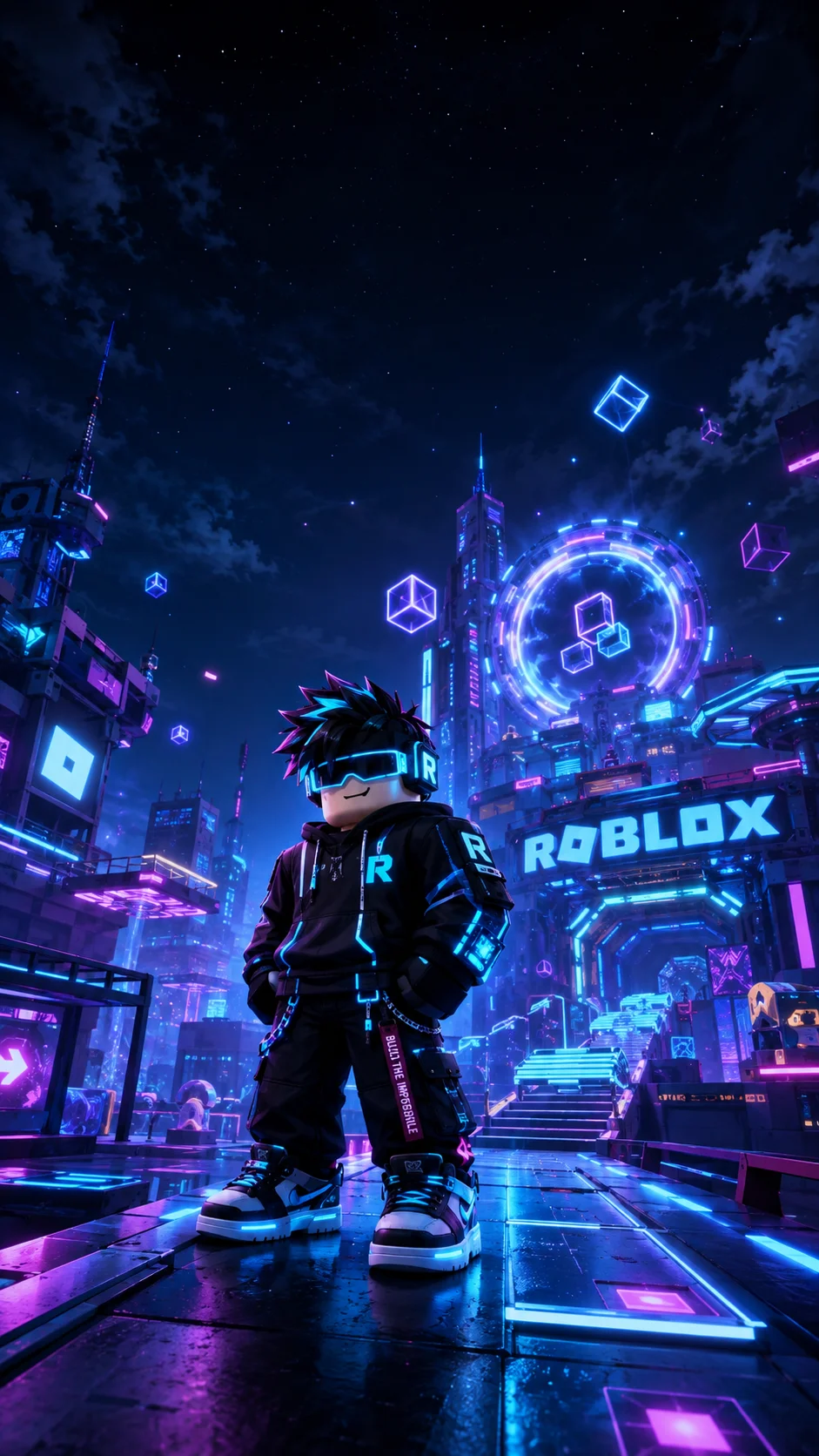 Nhân vật Roblox đứng trong thành phố neon về đêm, hình nền dọc cho điện thoại 941x1672