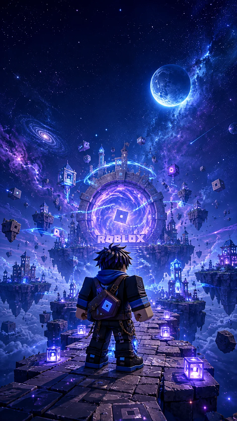 Nhân vật Roblox đứng trên cầu đá nhìn cổng vũ trụ phát sáng trong thành phố huyền ảo, hình nền dọc cho mobile 941x1672