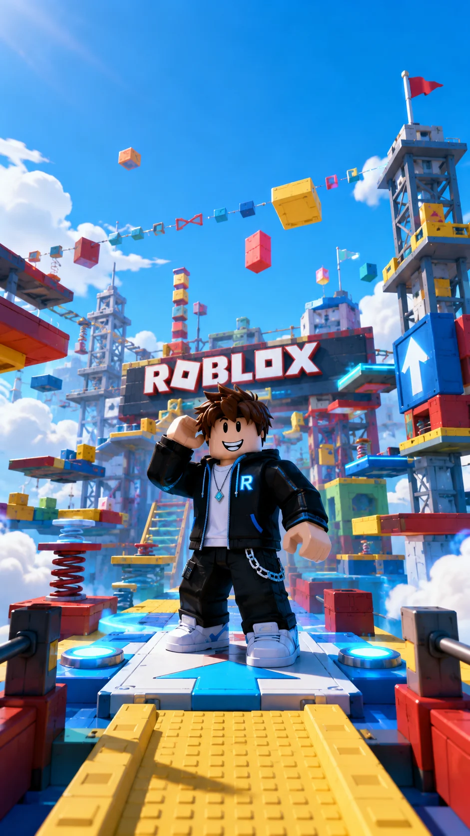 Avatar Roblox đứng trên sàn nổi giữa thành phố công nghiệp đầy màu sắc, hình nền dọc cho điện thoại 941x1672
