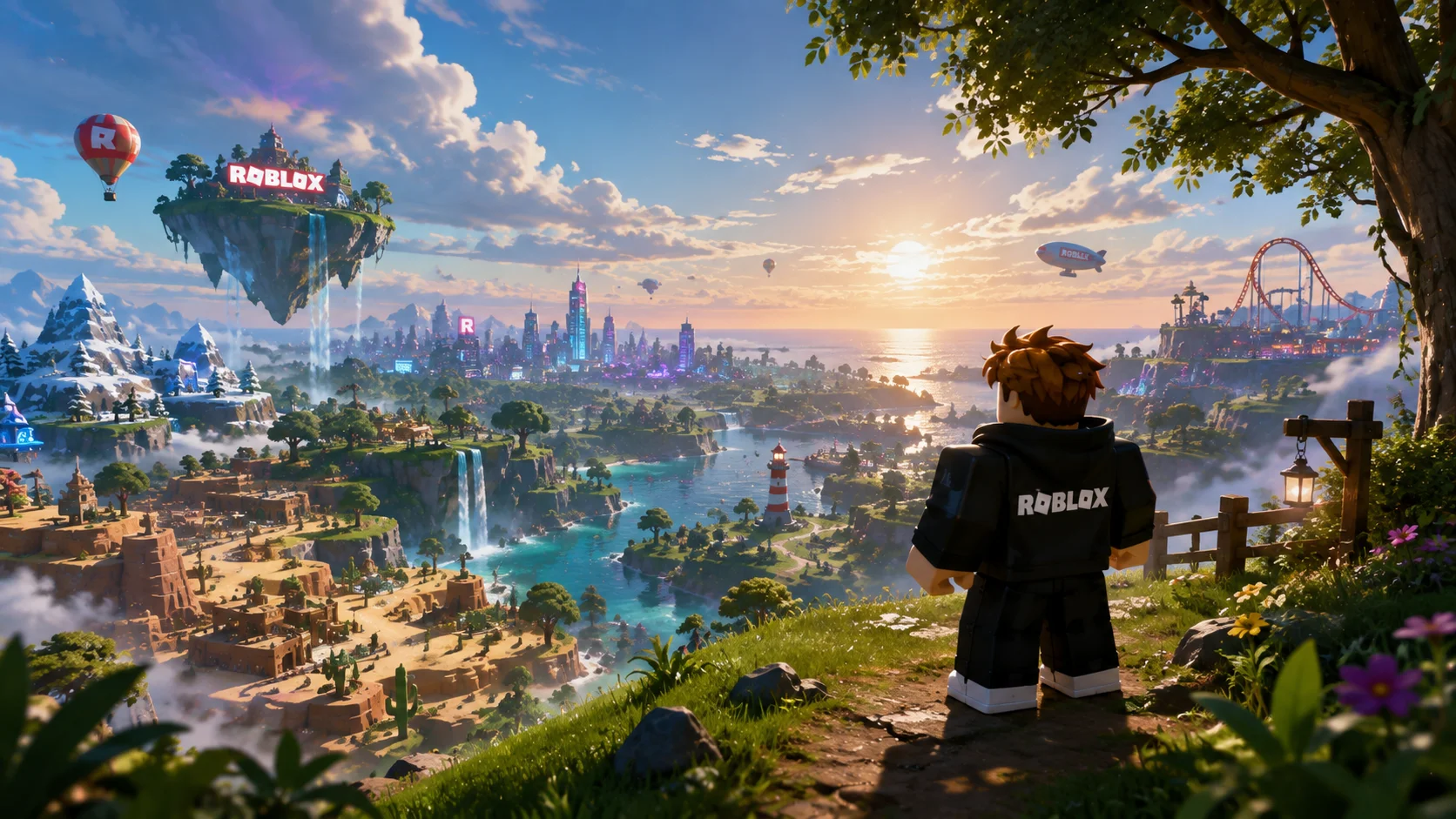Nhân vật Roblox đứng trên đồi nhìn thành phố ven biển và đảo bay dưới ánh hoàng hôn, hình nền PC 1672x941