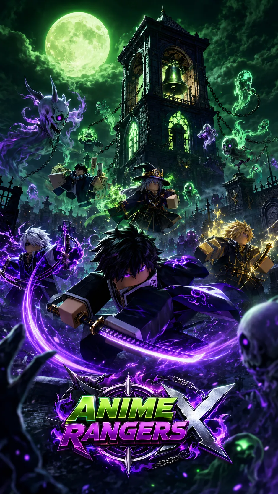 Nhân vật anime vung kiếm ánh tím cùng đồng đội chiến đấu với bóng ma quanh tháp chuông dưới trăng xanh trong Anime Rangers X