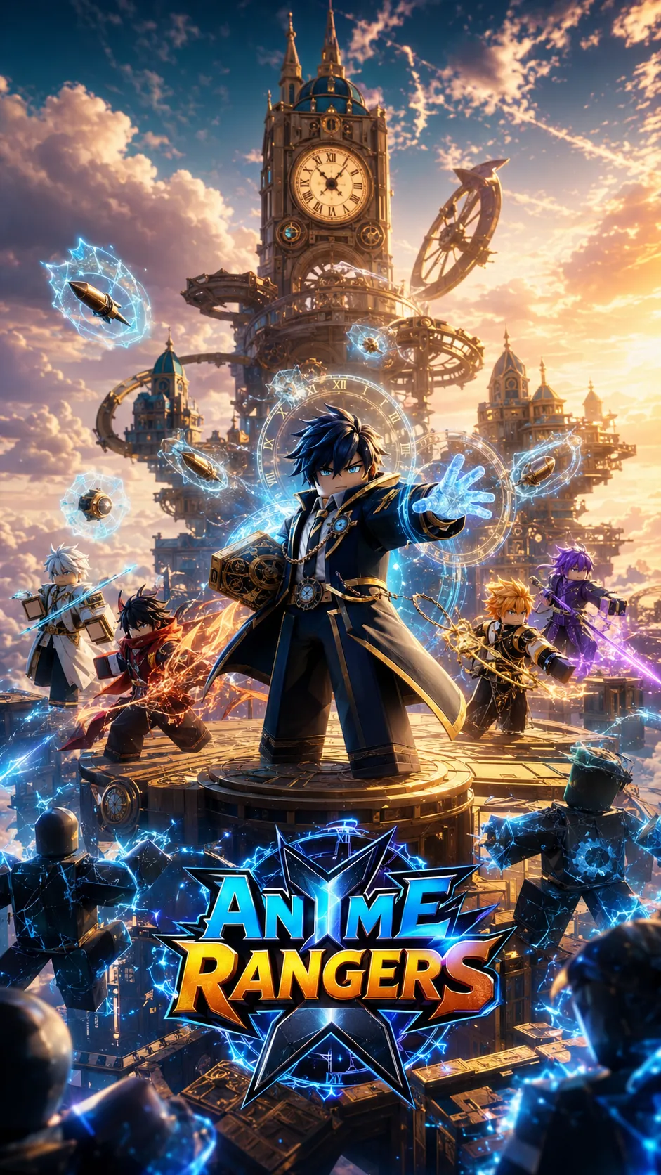 Nhóm năm nhân vật anime thi triển năng lượng chiến đấu trước tháp đồng hồ cơ khí khổng lồ trong Anime Rangers X