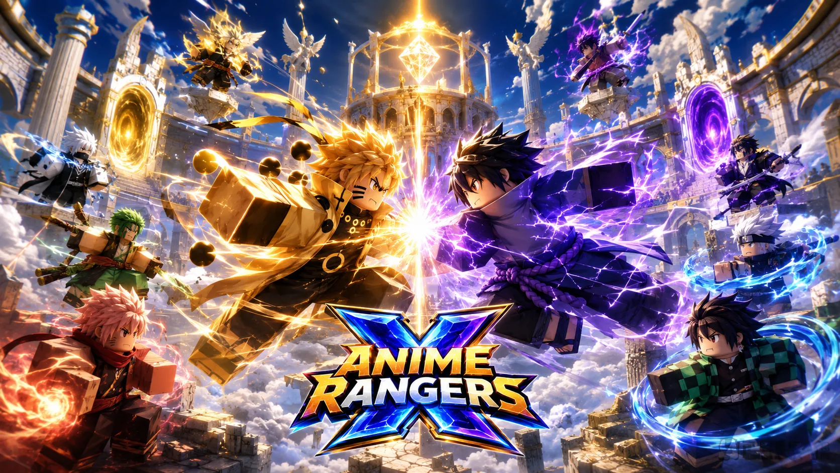 Dàn nhân vật anime khối vuông thi triển chiêu thức năng lượng vàng và sét tím trên đấu trường đá cổ giữa trời mây trong Anime Rangers X