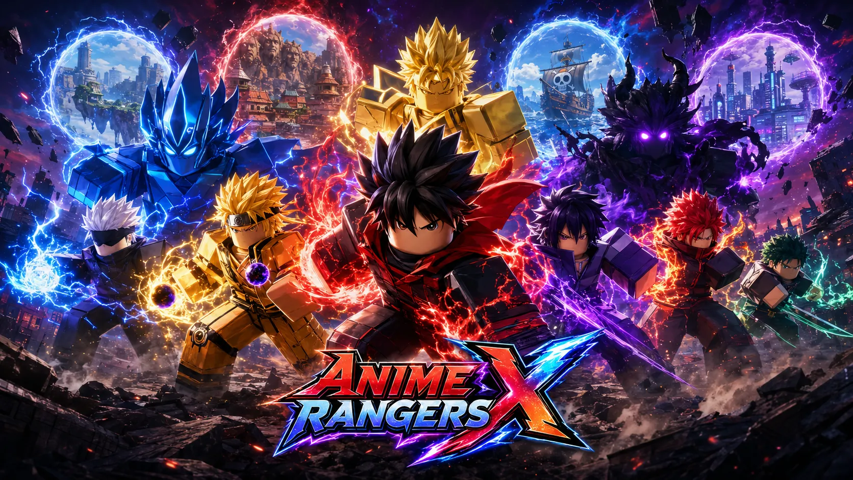 Dàn nhân vật phong cách anime dạng khối tập hợp chiến đấu trước bốn cổng không gian phát sáng cùng logo Anime Rangers X