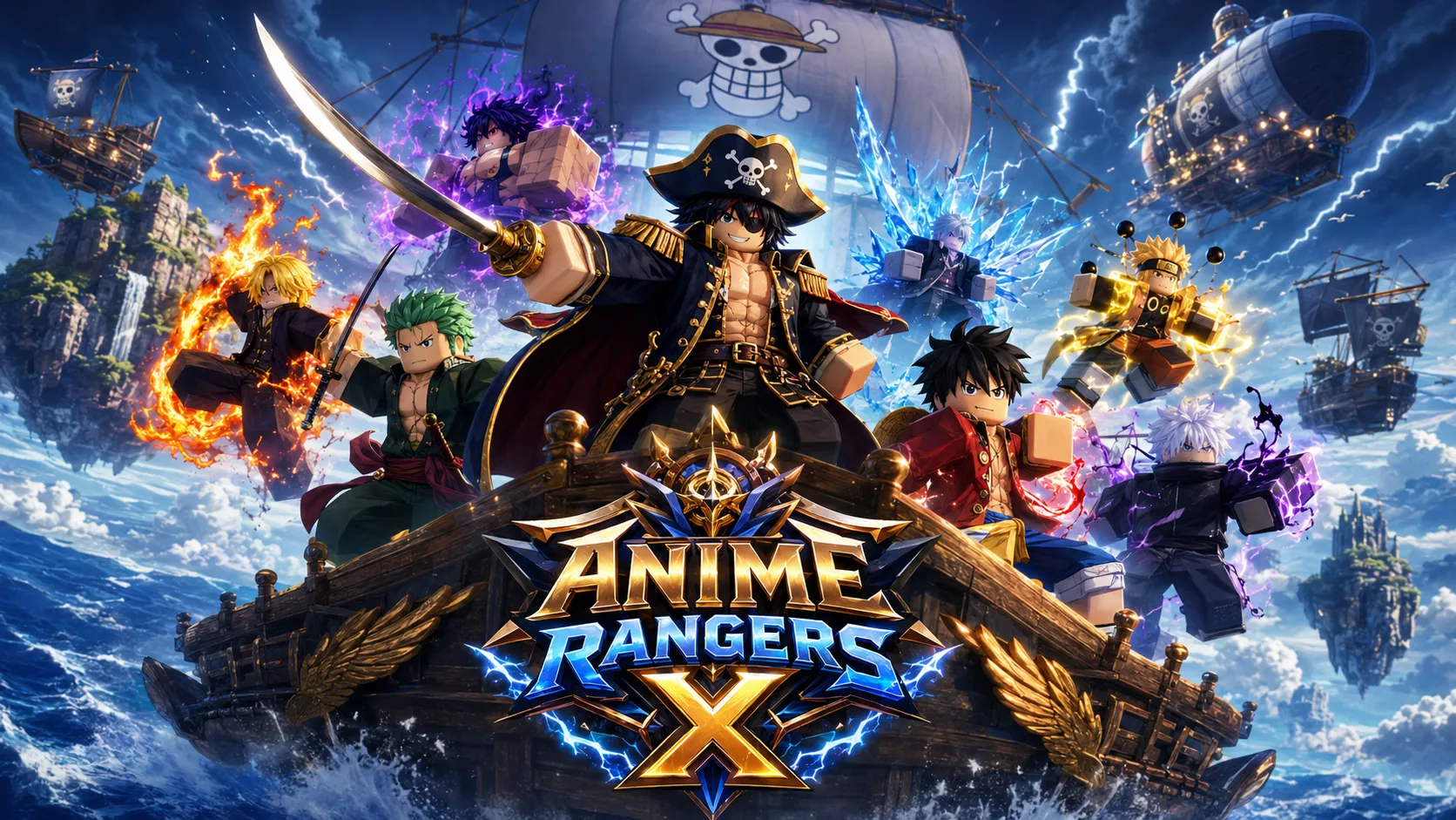 Nhóm nhân vật phong cách anime tạo dáng chiến đấu trên boong tàu cướp biển giữa biển bão sấm sét trong Anime Rangers X