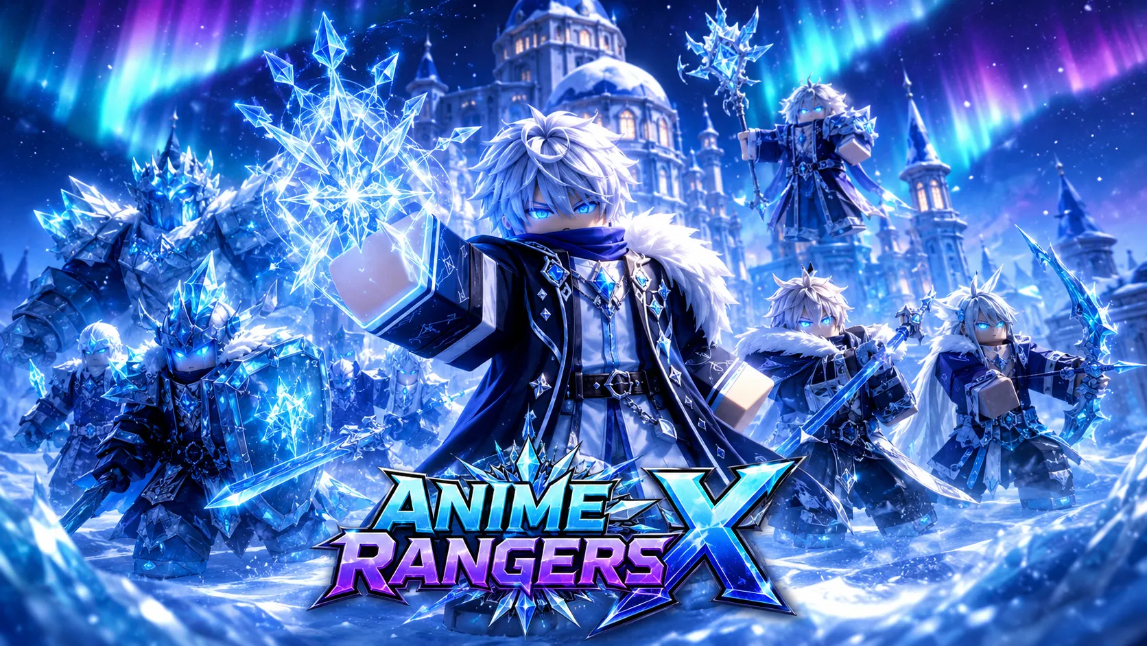 Nhóm chiến binh anime băng giá thi triển kỹ năng kết tinh băng và vũ khí trước lâu đài tuyết trong Anime Rangers X