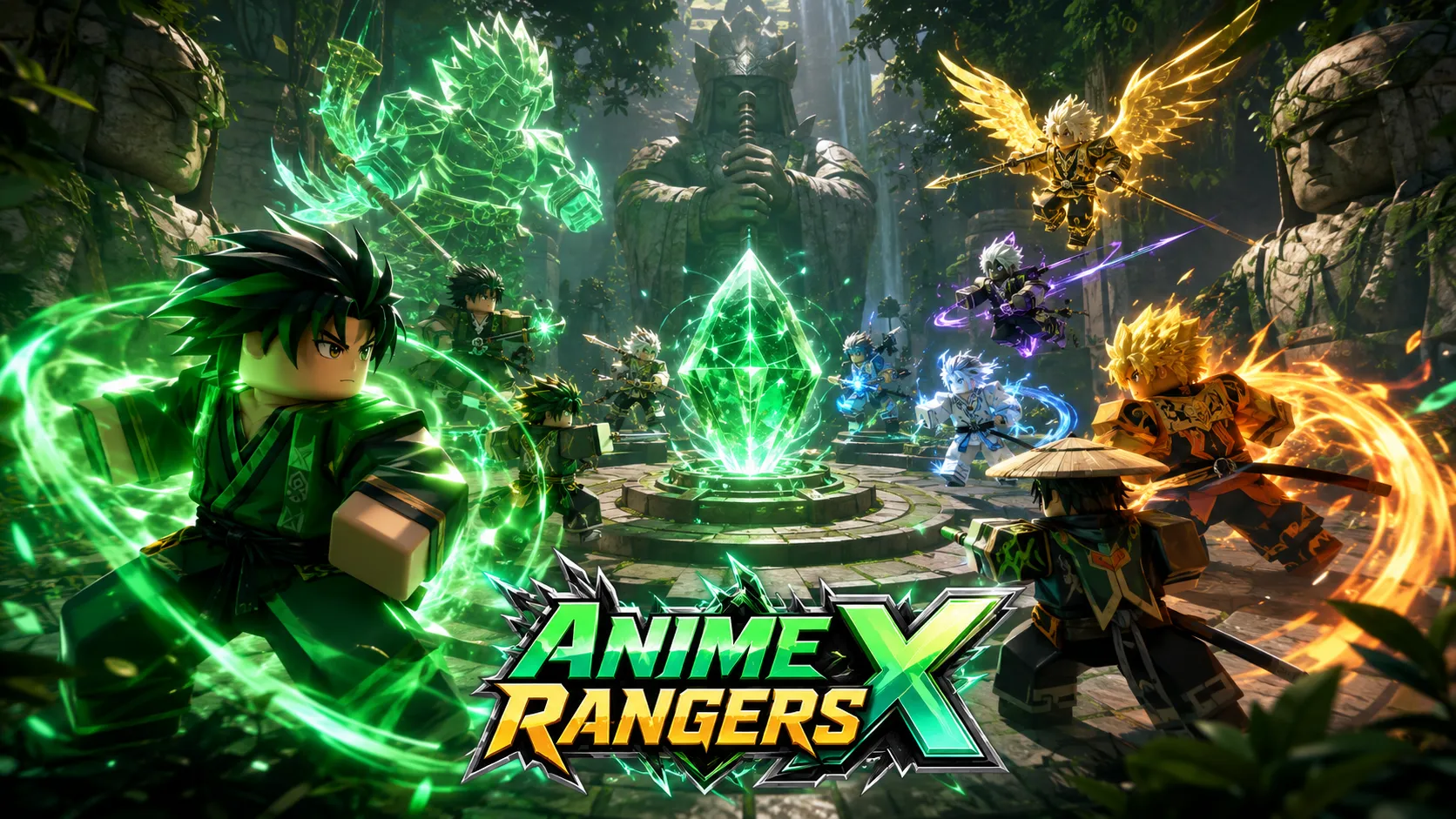 Nhóm nhân vật anime khối hộp thi triển năng lượng chiến đấu quanh tinh thể xanh phát sáng tại tàn tích đền đá trong Anime Rangers X