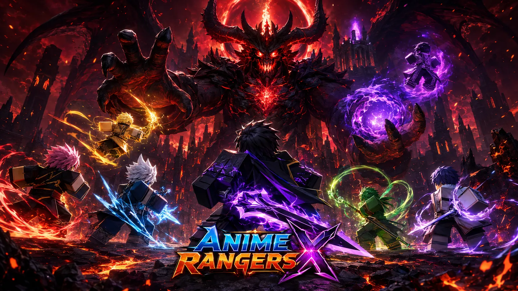 Sáu nhân vật phong cách anime tung chiêu đối đầu quỷ khổng lồ có sừng tạo cầu năng lượng tím trên nền đất dung nham nứt nẻ trong Anime Rangers X