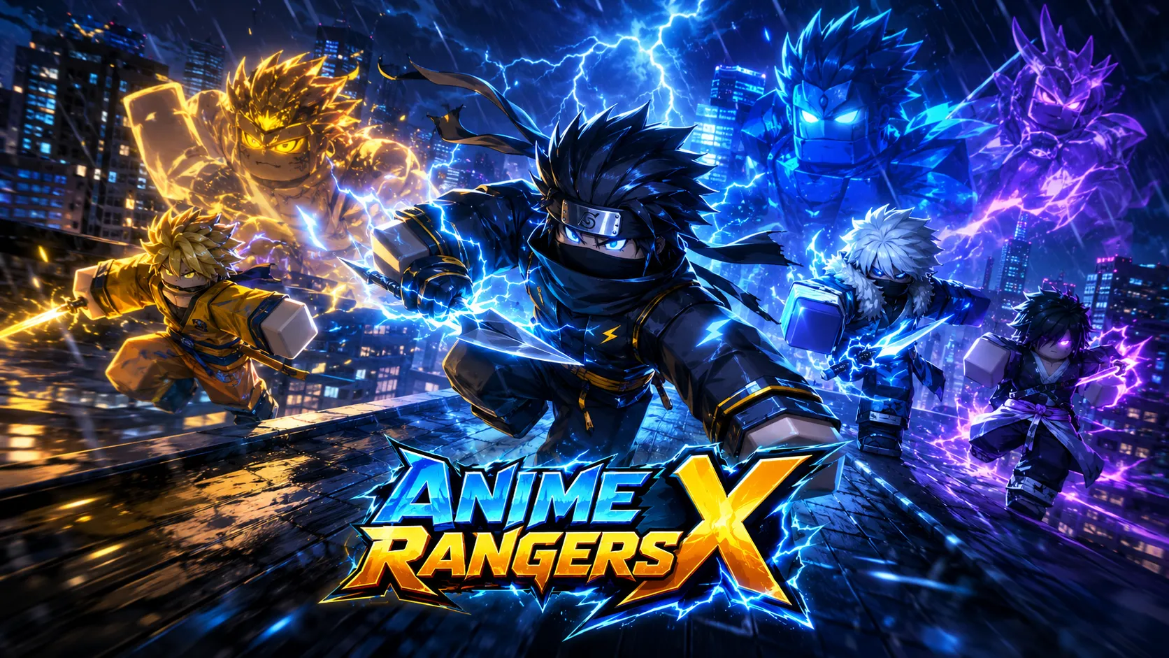 Nhóm nhân vật anime khối vuông chạy tới trên mái nhà ướt đẫm dưới trời mưa sấm sét xanh trong Anime Rangers X